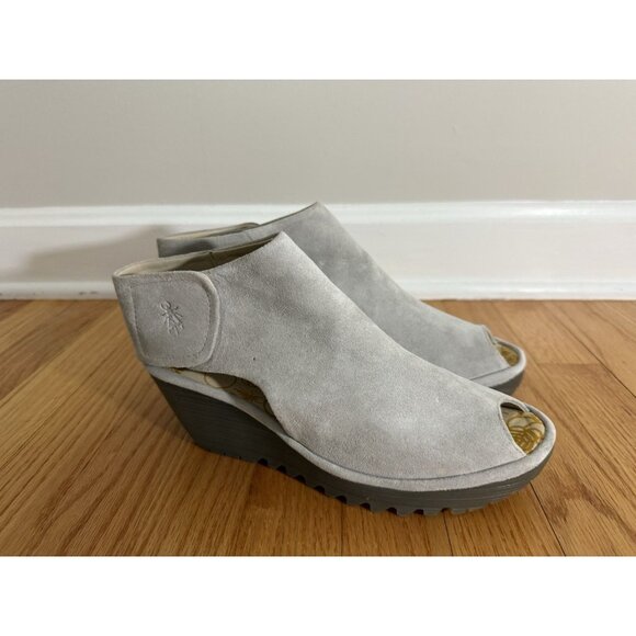 FLY London Shoes - Fly London womens EU 39 US 8 8.5 Yone Peep Toe suede leather wedge heels beige